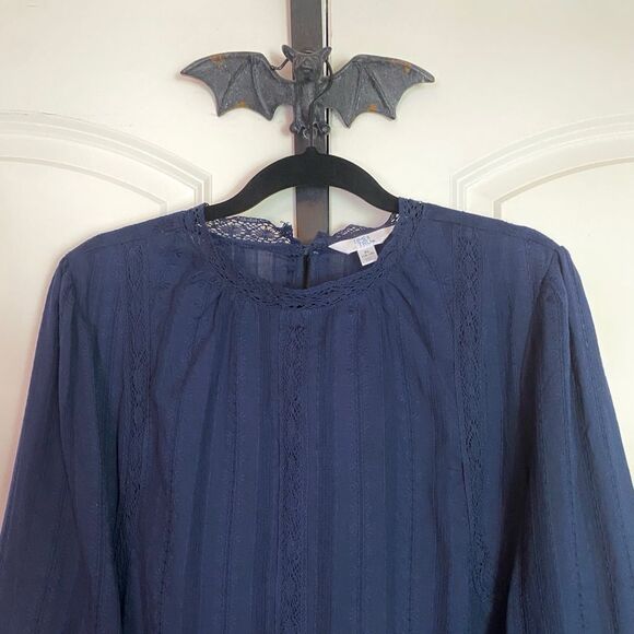 Cottagecore Blouse Navy Blue High Neck Elegant Crochet Lace Accents size 16-18 - Picture 8 of 15